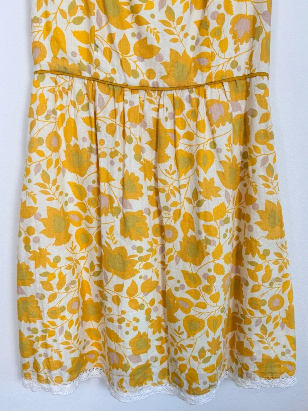 Boden Yellow Floral Print Linen Dress Lace Trim Hem Short Sleeve Fit & Flare 12R